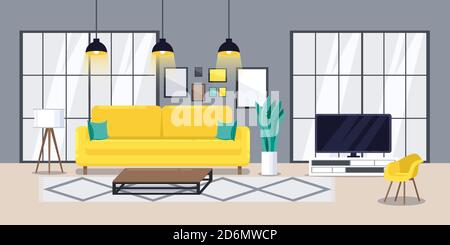 Wohnzimmer modernes Interieur, Vektor-flache Illustration. Gemütliches Apartment-Design-Konzept. Horizontaler Banner-Hintergrund. Stock Vektor