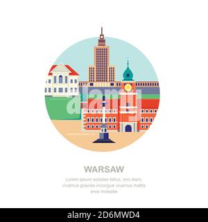 Reise nach Polen Vektor-flache Illustration. Warschauer Stadtsymbole und touristische Sehenswürdigkeiten. Stadtbau-Ikonen und Designelemente. Stock Vektor