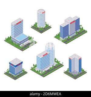 City Hotel moderne Gebäude, Vektor 3d isometrische Symbole und Design-Elemente gesetzt. Business-Immobilien-Objekte auf weißem Hintergrund isoliert. Stock Vektor