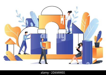 Teamarbeit, Zusammenarbeit, Partnerschaftskonzept. Vektor-Grafik im flachen Stil. Glückliche junge Menschen bauen Bau aus bunten Würfel, Business-Meta Stock Vektor