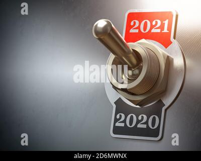 2021 Wechsel zum neuen Jahr. Vintage Schalter Knebel mit Zahlen 2020 und 2021. 3d-Illustration Stockfoto