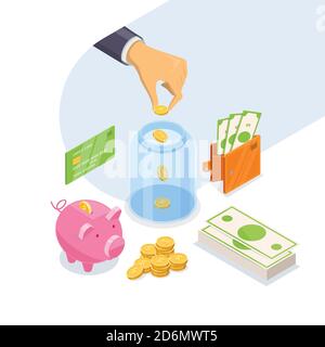 Geldeinsparungen und Bankeinlagen Geschäftskonzept. Vektor-3d-isometrische Darstellung isoliert auf weißem Hintergrund. Stock Vektor