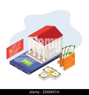 Online-Banking-Service, Vektor 3d isometrische Illustration. Bankgebäude auf Smartphone-Bildschirm, flache Abbildung. Finanzielle und Zahlung Mobile App Konz Stock Vektor