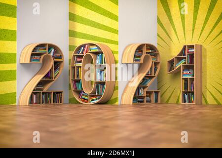 2021 Neujahr Bildungskonzept. Bücherregale mit Büchern in Form von Text 2021. 3d-Illustration Stockfoto