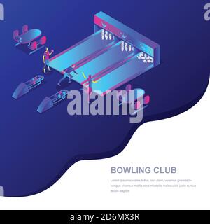 Bowling Club Vektor 3d isometrische Illustration. Menschen, die Bowling spielen. Konzept für Sportwettkämpfe und Freizeitaktivitäten. Trendige Farbverlauf Web-Bann Stock Vektor