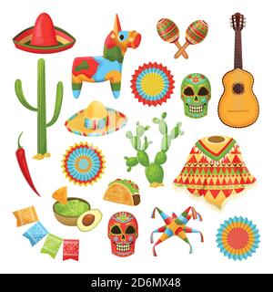 Mexikanische nationale Symbole. Vektor-Design-Elemente für Cinco de Mayo Urlaub. Fiesta, Feier, Party-Ikonen, isoliert auf weißem Hintergrund. Stock Vektor