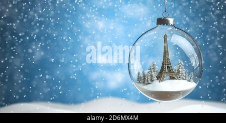 Eiffelturm mit Christbaum in Glaskugel oder Kugel. Tour nach Paris Frankreich für Silvester Feiern Konzept. 3d-Illustration Stockfoto
