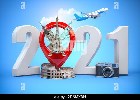 2020 Frohes neues Jahr. Nummer 2020 und Pin mit der beliebtesten Sehenswürdigkeiten der Welt. Silvester feiern in London, Paris, Rom oder New York. 3d-illustr Stockfoto