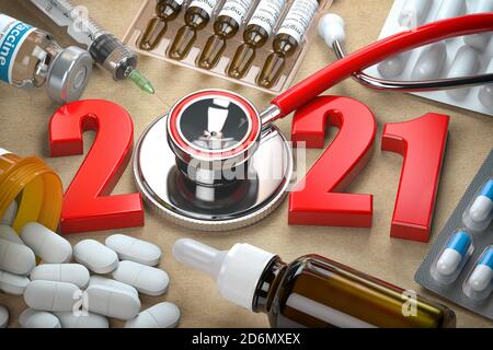 2021 Frohes neues Jahr. Gesundheitswesen, Medizin und Pharmazie Konzept. Nummer 2021 mit Stethoskop und Medikamente. 3d-Illustration Stockfoto