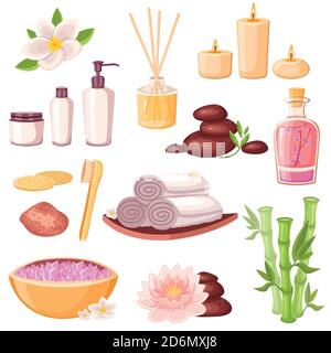 Spa-Massage und Schönheitssalon Ikonen Set. Vektorgrafik Cartoon-Illustration. Körperpflege und natürliche Behandlung Konzept. Naturkosmetik und Badezubehör, isol Stock Vektor