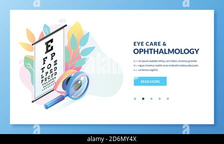 Ophthalmologische Diagnostik und Augentestkonzept. Vektor-isometrisches Gradientenbild. Landing Page Banner Design Template für Medizin und Vision Ca Stock Vektor