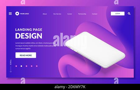 Landing Page, Webbanner-Design-Vorlage. Weißer leerer Bildschirm Smartphone realistische 3d isometrische Illustration, Modell für mobile Schnittstelle. Vektordrehmaschine Stock Vektor