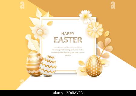 Frohe Ostern Vektor-Banner oder Poster-Vorlage. Holiday Frame Hintergrund mit 3d realistische goldene Eier, Blumen und Blätter. Kreative Grußkarte desi Stock Vektor