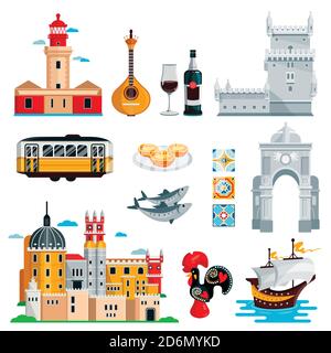 Reisen Sie nach Portugal Ikonen und isolierte Design-Elemente Set. Vektor Portugiesisch und Lissabon Kultur Symbole, Essen und Sehenswürdigkeiten. Stock Vektor