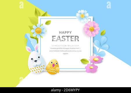 Frohe Ostern Vektor-Banner oder Poster-Vorlage. Holiday Frame Hintergrund mit 3d-Papier geschnitten lustige Charaktere Gesichter Eier, Blumen und Blätter. Kreative ha Stock Vektor