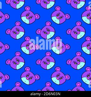 Bärenkopf, nahtloses Muster auf blauem Hintergrund. Stock Vektor