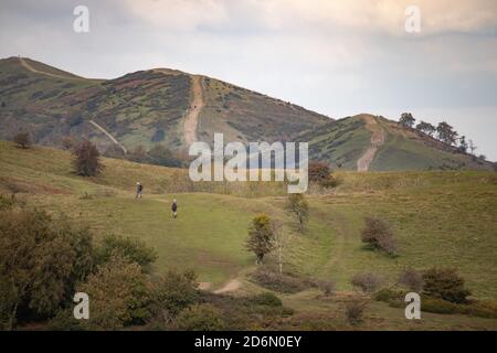 Der Blick vom Hangmans Hill auf das British Camp Hill Fort auf den Malvern Hills. Stockfoto