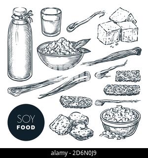 Soja Lebensmittel vegetarische Produkte Skizze Vektor Illustration. Sojamilch, Tofu, Sprossen, Fleisch. Handgezeichnete isolierte Designelemente. Stock Vektor