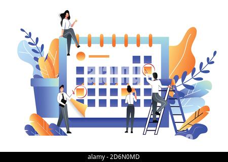 Geschäftskonzept Planung, Management, Termin- und Zeitmanagement. Vektorgrafik flach. Das Team erstellt einen Zeitplan für die Büroarbeit. Stock Vektor