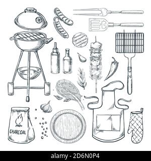 Grafik für Grill- und Grillvektoren. Grillset, isoliert auf weißem Hintergrund. Lebensmittel, Utensilien und Werkzeuge. Design-Elemente für Picknickmenüs. Stock Vektor