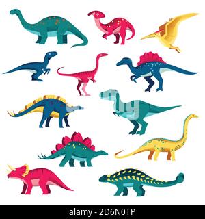 Cartoon dinosaur characters set. Vector colorful flat illustration. Cute dino collection, kids design elements isolated on white background. Stock Vektor