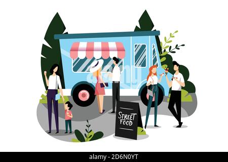 Menschen kaufen Fast-Food-Mahlzeiten in einem Lebensmittel-LKW. Vektor flach bunte Illustration. Street Food Festival Konzept. Frühling und Sommer Wochenende im Freien Leis Stock Vektor