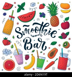 Sommerliche Smoothie-Bar mit Designelementen. Vektorgrafik. Handgezeichnete Kalligrafie-Schriftzüge und frische Saft-Zutaten. Früchte, Beeren Flaschen A Stock Vektor