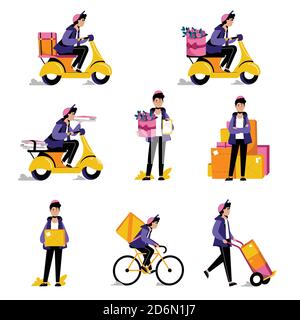 Kurierpakete, Lebensmittel oder Blumen Lieferservice. Flache Vektorgrafiken. Mann mit Paket-Box auf Fahrrad und Roller. Stock Vektor