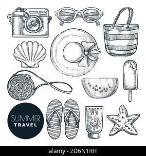 Sommer Reise Essentials, Vektor Skizze Illustration. Handgezeichnete Mode-Accessoires für Strandurlaub. Icons und Design-Elemente auf Whi isoliert gesetzt Stock Vektor