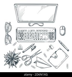 Arbeitsplatz, Vektorskizze Draufsicht Illustration. Bürotisch mit Computermonitor, Kaktus und Schreibwaren isoliert auf weißem Hintergrund. Stock Vektor