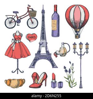 Reisen Sie nach Frankreich handgezeichnete isolierte Ikonen und Designelemente. Vektorfarbe Skizze Illustration. Paris berühmte romantische Symbole isoliert auf weißem Rücken Stock Vektor