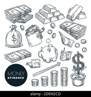 Geld und Finanzen Vektor Skizze Symbole. Bank, Payment, Investment und Commerce Hand gezeichnet isolierte Design-Elemente. Stock Vektor