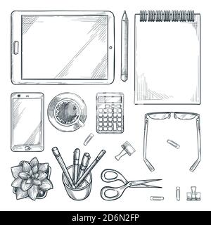Arbeitsplatzdesign-Elemente, isoliert auf weißem Hintergrund. Vektorskizze, Abbildung von oben. Bürotisch mit Tablette, saftige Blumenpflanze und Sta Stock Vektor