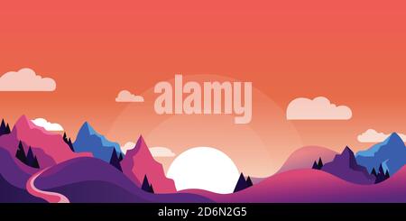 Berge und Hügel Landschaft, horizontale Natur Hintergrund. Vektor-Cartoon-Illustration von schönen rosa und lila Sonnenuntergang. Stock Vektor