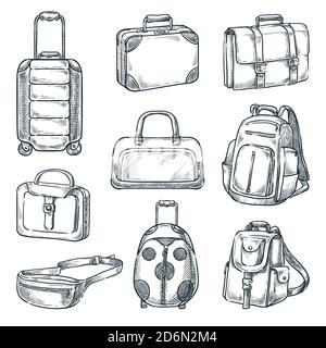 Gepäck Koffer und Handtaschen Vintage-Icons Set, isoliert auf weißem Hintergrund. Vektorgrafik Skizze. Designelemente für Reisegepäck. Stock Vektor