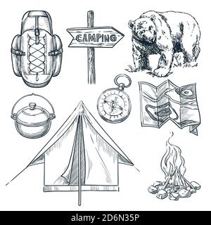 Camping Vektor Skizze Illustration. Camp Stuff Design-Elemente auf weißem Hintergrund isoliert. Stock Vektor