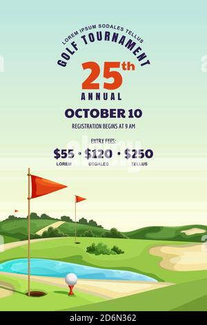 Golf-Turnier, Poster, Ticket oder Banner Design-Vorlage. Vektor-Cartoon-Illustration des Golfplatzes mit Grün, Wasser und Sand Bunker. Sommer Stock Vektor