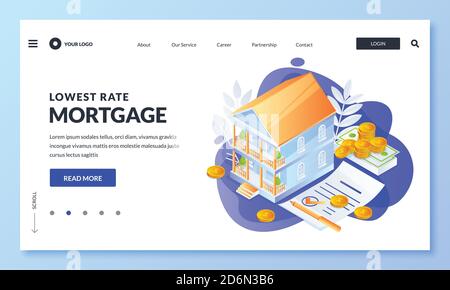 Haus Hypothek und Immobiliendarlehen Geschäftskonzept. Vektor 3d isometrische Illustration für Web Landing Page, Banner oder Poster Design. Kaufen, verkaufen oder ren Stock Vektor