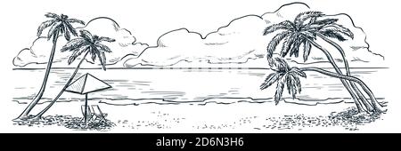 Palmen am Meeresstrand, Vektor handgezeichnete Skizze Landschaft Illustration. Sommerurlaub, vintage tropischen Hintergrund. Blick auf die Natur am Meer. Stock Vektor
