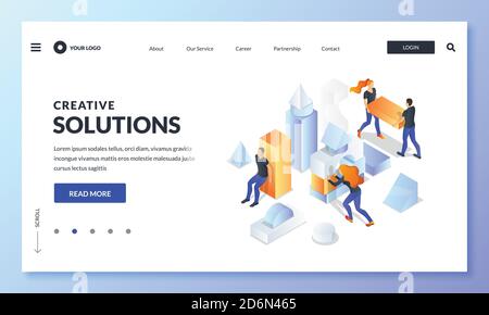 Kreative Leute Team bauen Konstruktion aus mehrfarbigen Würfel, Geschäftsmetapher. Vektor-3d-isometrische Darstellung. Teamarbeit, Zusammenarbeit, Partnerschaft Stock Vektor