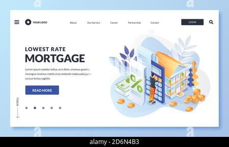 Konzept des Hauskredits oder Geldanlage auf Immobilien. Man berechnet Hypothekenzinsen. Vektor 3d isometrische Illustration für Web Landing Page, BA Stock Vektor