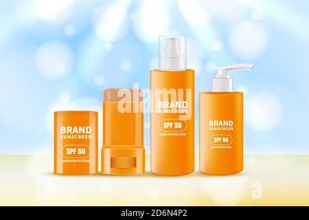 Sonnenschutzmittel und Sonnenschutzcreme, Spray und Stick. Vektor realistische 3d-Illustration von Sonnenschutz Kosmetik. Kosmetische Verpackung Mockup Design-Vorlage Stock Vektor