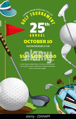 Golf-Turnier, Poster, Ticket oder Banner Design-Vorlage. Vektorgrafik Cartoon-Illustration. Sommer-Sportwettkampf und Freizeit im Freien. Ball, Tasche mit Stock Vektor