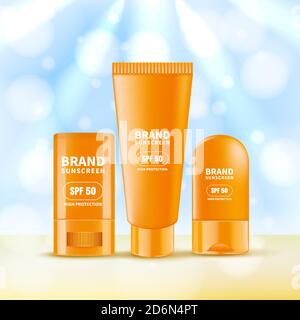 Sonnenschutzmittel und Sonnenschutzcreme und -Stick. Vektor realistische 3d-Illustration von Sonnenschutz Kosmetik. Sommer Scincare Beauty Produktkollektion. Cosme Stock Vektor