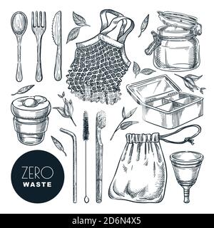 Zero Waste Lifestyle-Konzept, Vektor-Skizze Illustration. Handgezeichnete wiederverwendbare Naturartikel und Zubehör. Umweltfreundliche Waren Ikonen und Design eleme Stock Vektor