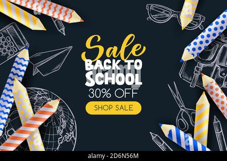 Zurück zur Schule Verkauf Poster, Banner Design Vorlage. Vektor 3d Illustration von Bleistiften und Skizze Schulbedarf auf Tafel Hintergrund. Minimale Mod Stock Vektor