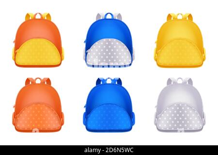 Schulrucksack Symbole, isoliert auf weißem Hintergrund. Vektor 3d realistische Illustration von mehrfarbigen Kinder Rucksack. Bildung oder Reisen modernes Design e Stock Vektor