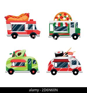 Food Trucks Set, isoliert auf weißem Hintergrund. Vektor flache Cartoon-Illustration. Street Food Festival und Catering Business, Ikonen und Design-Elemente Stock Vektor