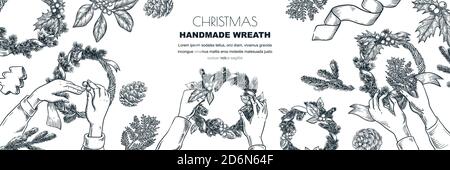Herstellung Weihnachten und Neujahr handgefertigten Kranz. Vektorgrafik Draufsicht Skizzendarstellung. Handwerkswerkstatt und Kreativitätskonzept. Minimaler handgezeichneter Urlaub Stock Vektor