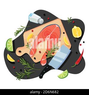 Kochen Lachs Steak, Vektor Cartoon Draufsicht Illustration. Schwarzer Küchentisch Hintergrund mit rohen Meeresfischen auf Holzschneidebrett, Gewürzen und Ingre Stock Vektor
